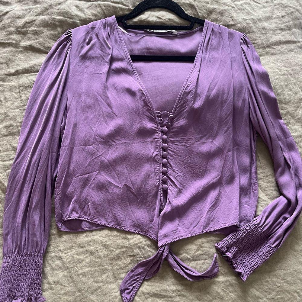 Zara Purple Long Sleeve Tie Front Blouse